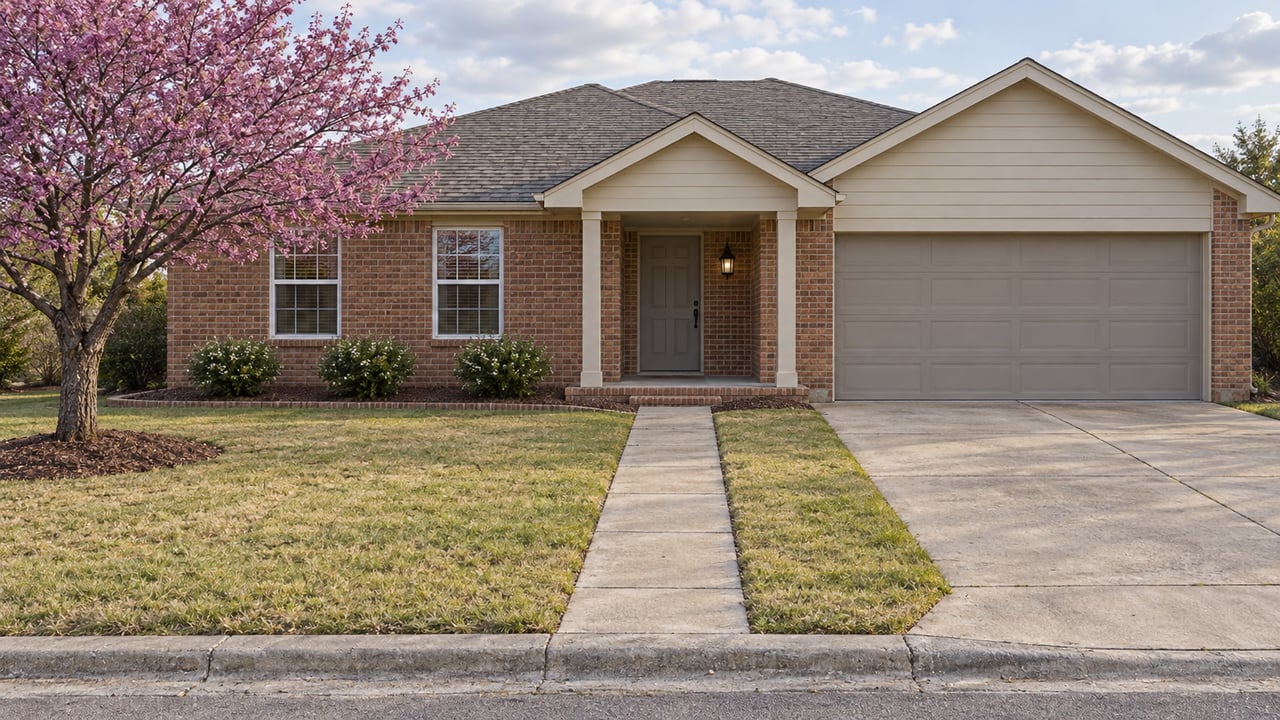 Single-story brick and ivory-sided home with a gray two-car garage, deep autumn lawn, straight concrete walk and one redbud tree.