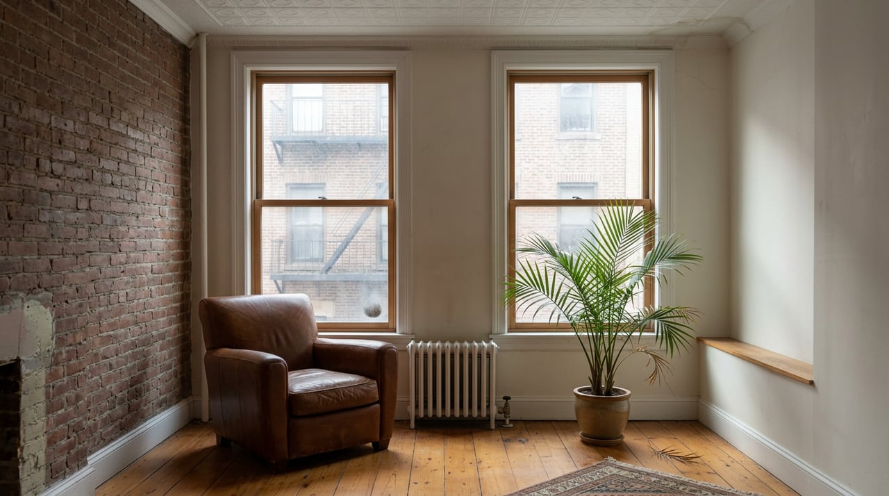 Compact apartment living room with tall windows, exposed brick, leather armchair, radiator, and pressed-tin ceiling.
