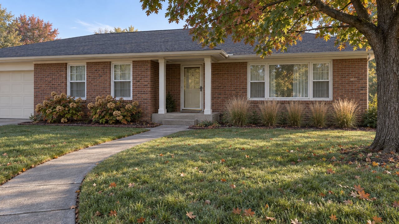 A brick ranch home with a broad front lawn, recessed porch, mature oak and autumn planting in soft morning sunlight.