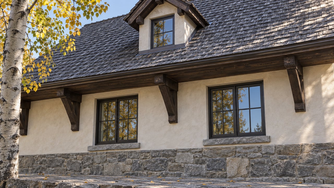Chalet facade with a weathered shingle roof, plaster dormer, timber brackets, stone foundation, and yellow aspen leaves.