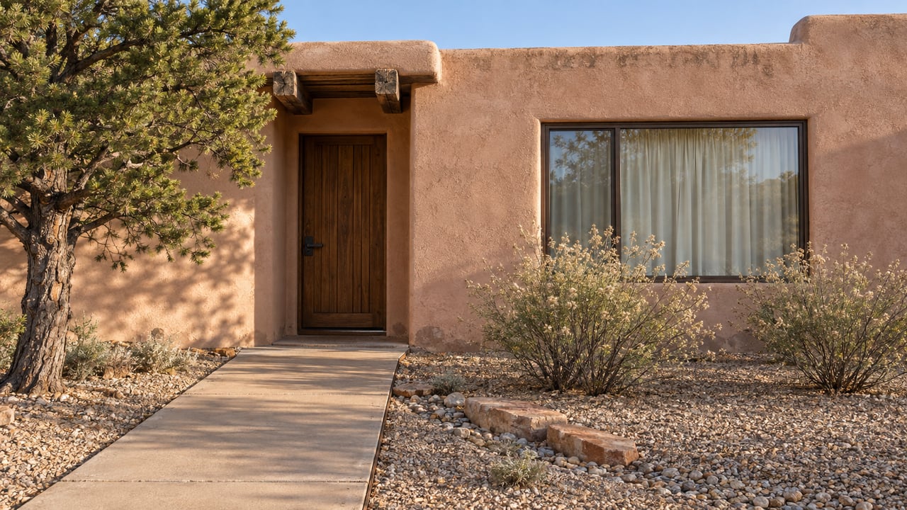 Earth-toned single-story stucco home with a timber entry, bronze-framed window, gravel garden and sculptural pinyon pine in warm afternoon light.