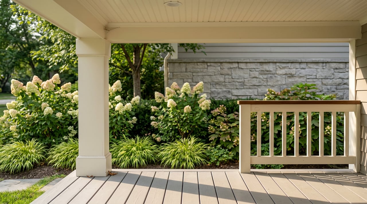 Off-white porch column beside blooming hydrangeas, with a white rail and gray deck in warm sunlight.