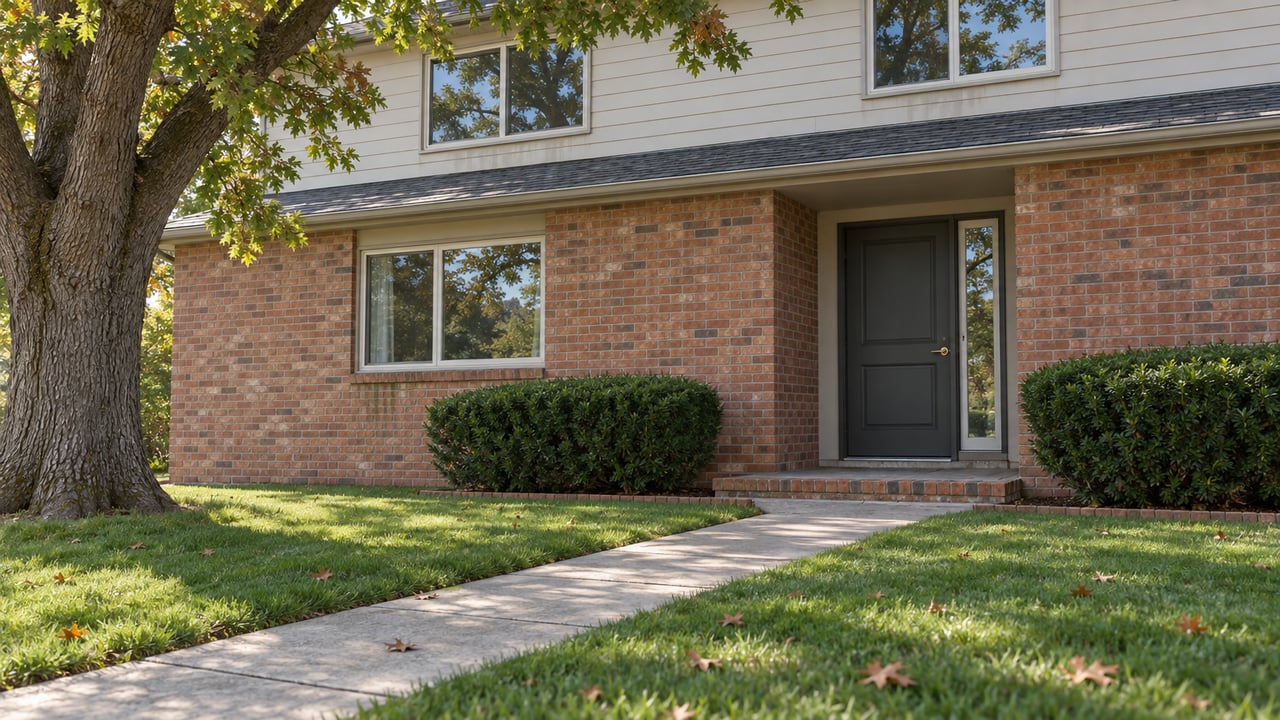 Detached two-story home with brick lower walls, a recessed charcoal door, and a concrete walk across the lawn.
