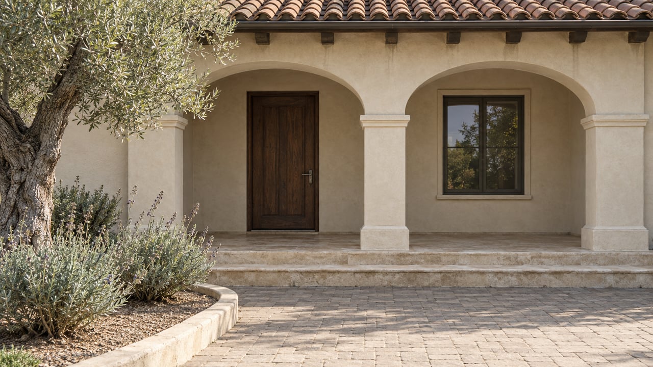 Weathered clay roof tiles above an ivory stucco porch with two arches, limestone steps, an olive tree and blue-gray sage.