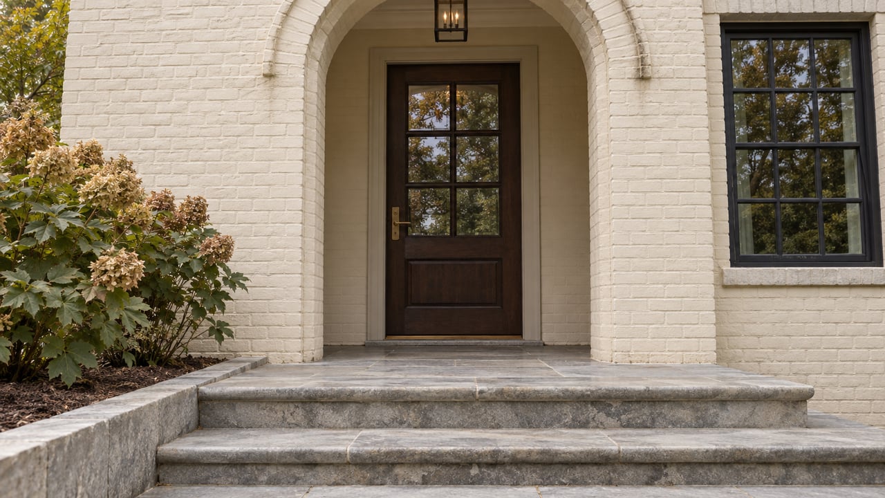 Ivory painted-brick arched entrance with a dark oak door, divided-light window, limestone steps and oakleaf hydrangeas.