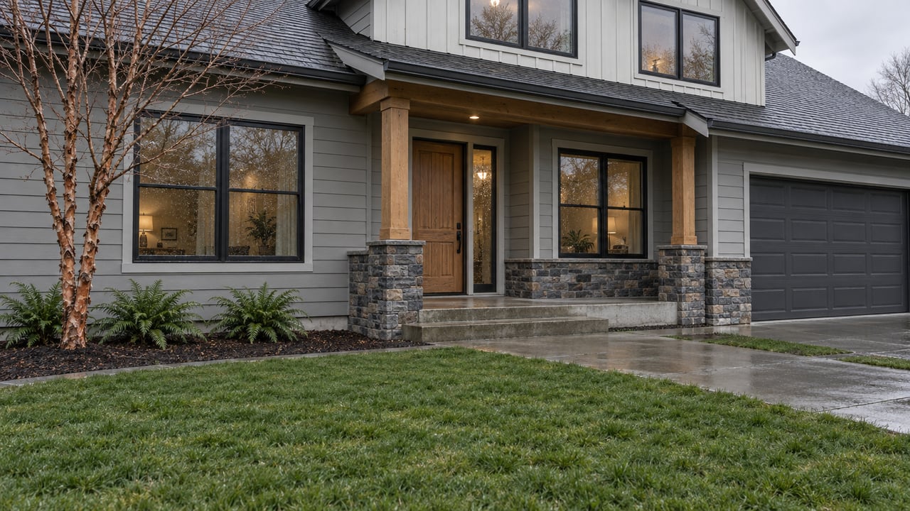 Gray gabled home with an oak entry door, damp concrete approach, deep winter-green lawn and a copper-barked tree.