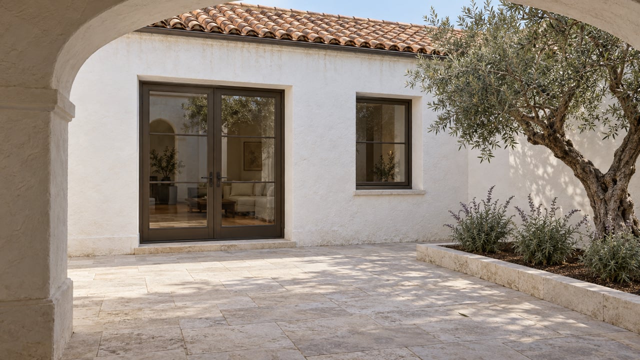 A plaster arch frames a limestone courtyard, white stucco home, bronze-framed glass doors and a sculptural olive tree.