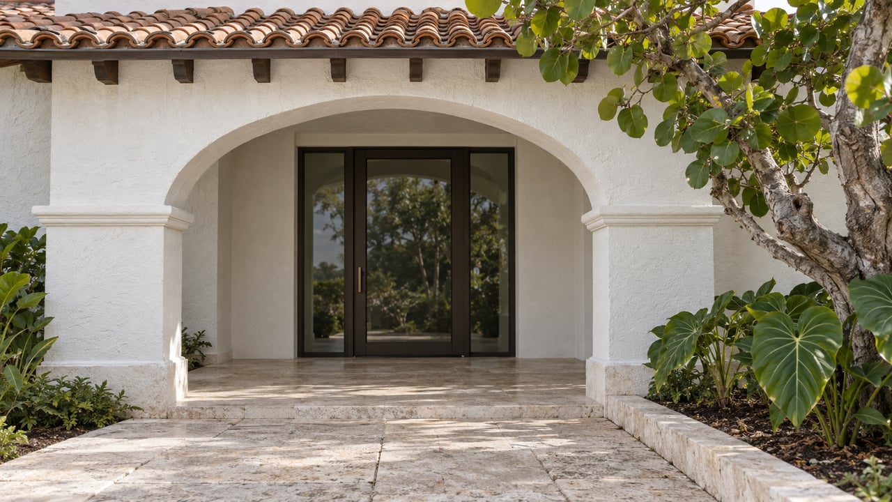 White stucco arched entry beneath weathered clay roof tiles, with a bronze glazed door, pale stone approach and sculptural sea grape tree.