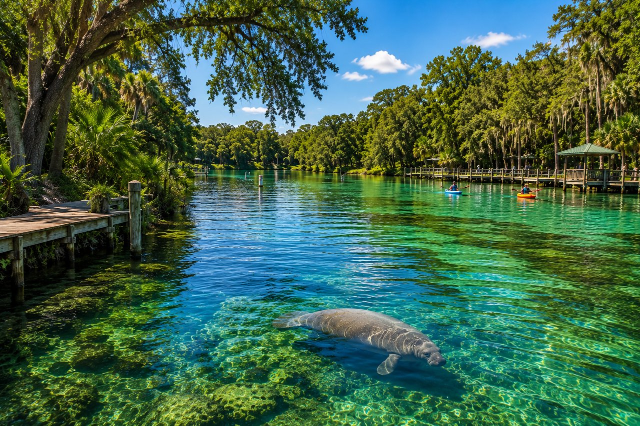 Crystal-clear spring in Crystal River, Florida, featuring a swimming manatee, turquoise water, lush trees, wooden boardwalk, and kayakers enjoying the scenic river