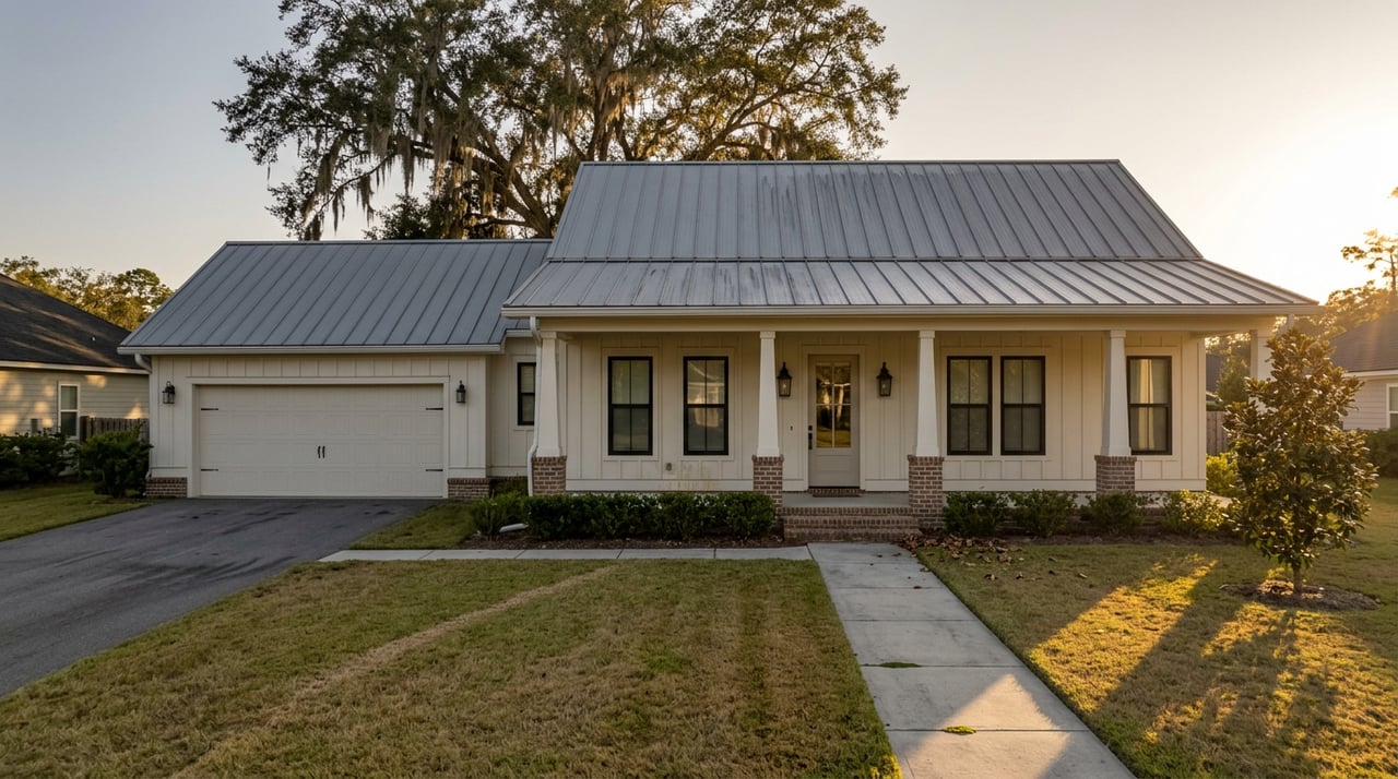 White-sided suburban home with gray metal roof, covered porch, broad lawn, and a live oak draped in Spanish moss.