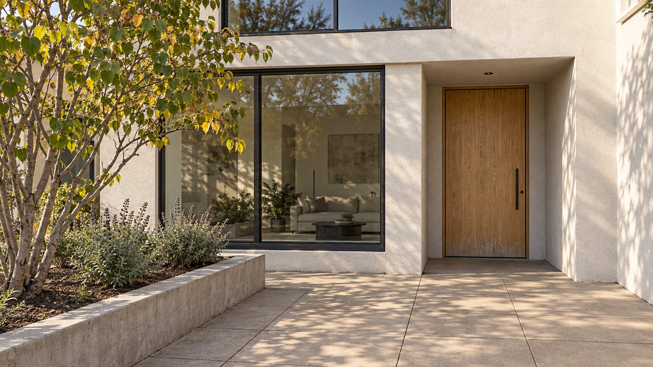 Contemporary residential entry with an oak door, dark-framed windows and a raised planting bed in warm morning light.