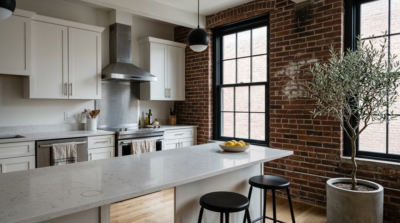 Loft kitchen with a white island, exposed brick wall, steel window, and potted olive tree.