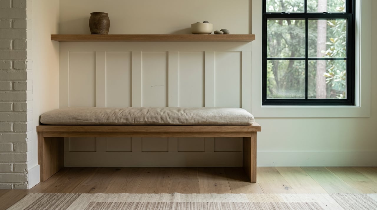 White oak mudroom bench with an oatmeal cushion beneath a shelf of stoneware, beside a black-framed window.