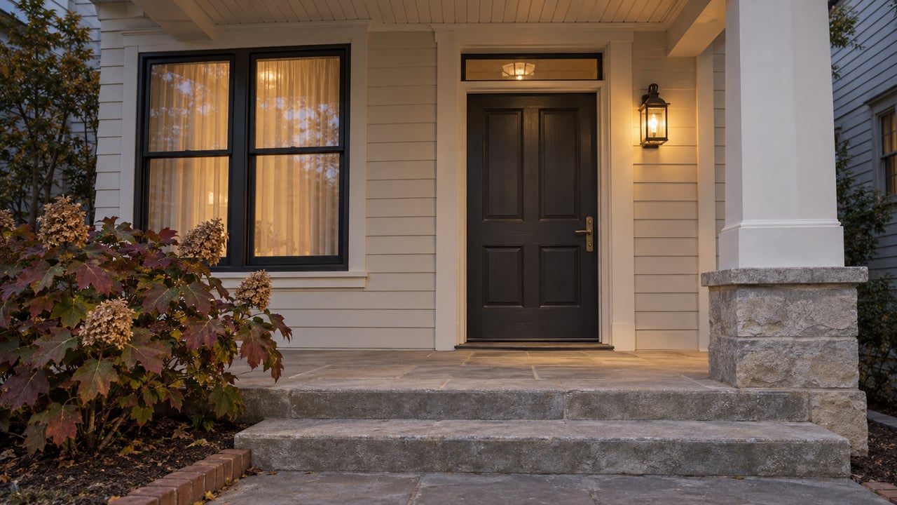 Home entrance with a dark front door, stone steps, lit lantern, and autumn foliage.