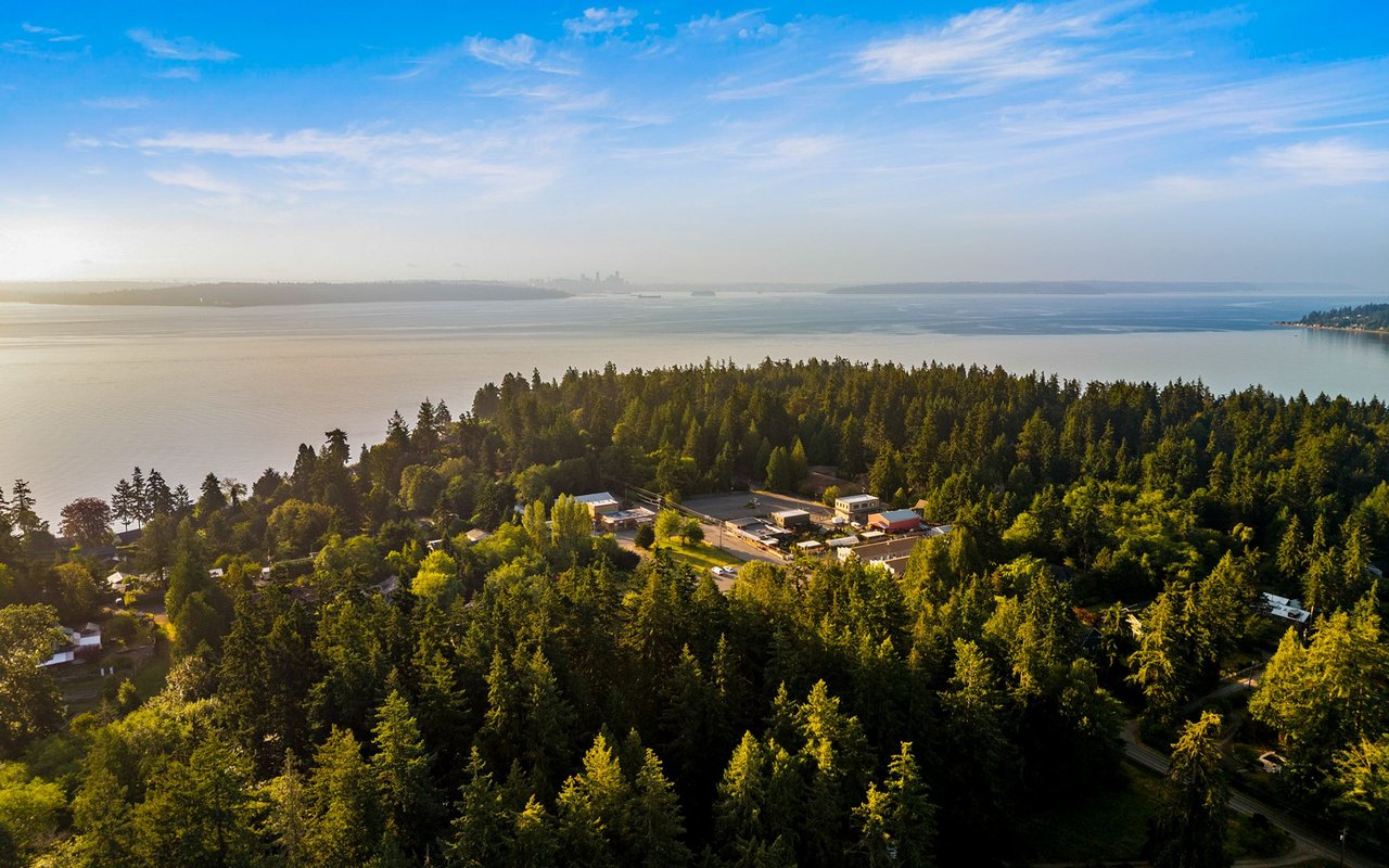 Aerial view of Rolling Bay, with evergreen forest, neighborhood buildings, and water stretching toward a distant skyline.