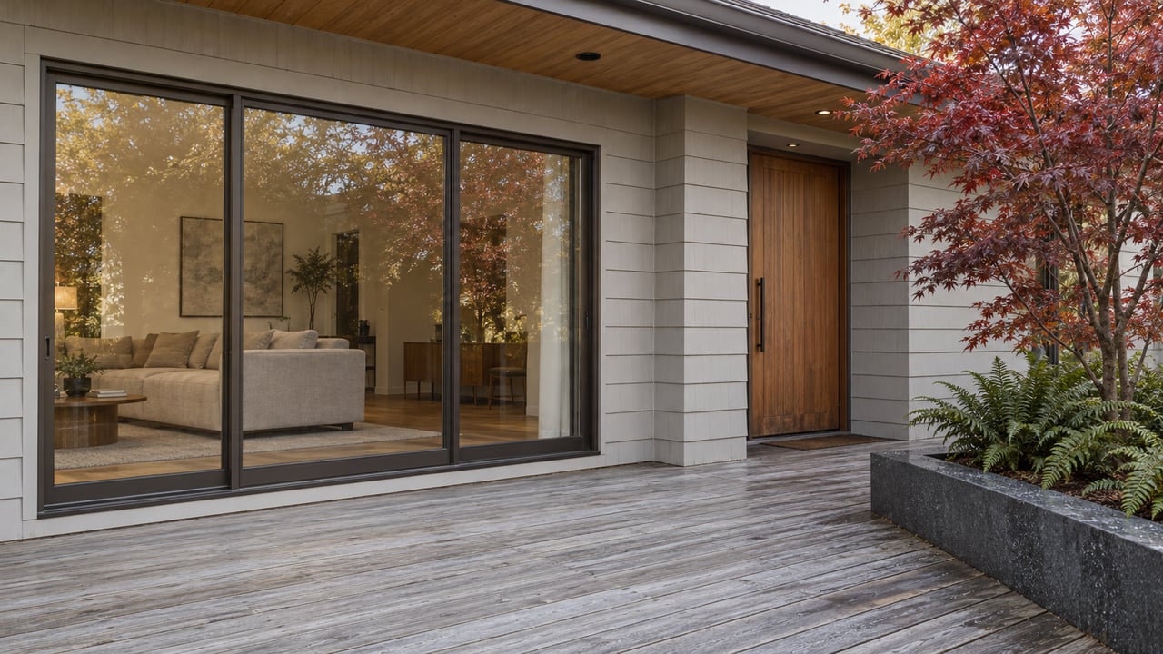 Covered cedar terrace beside a light-gray home, with bronze-framed living-room windows, a recessed cedar door, and an autumn Japanese maple in a raised basalt planter.