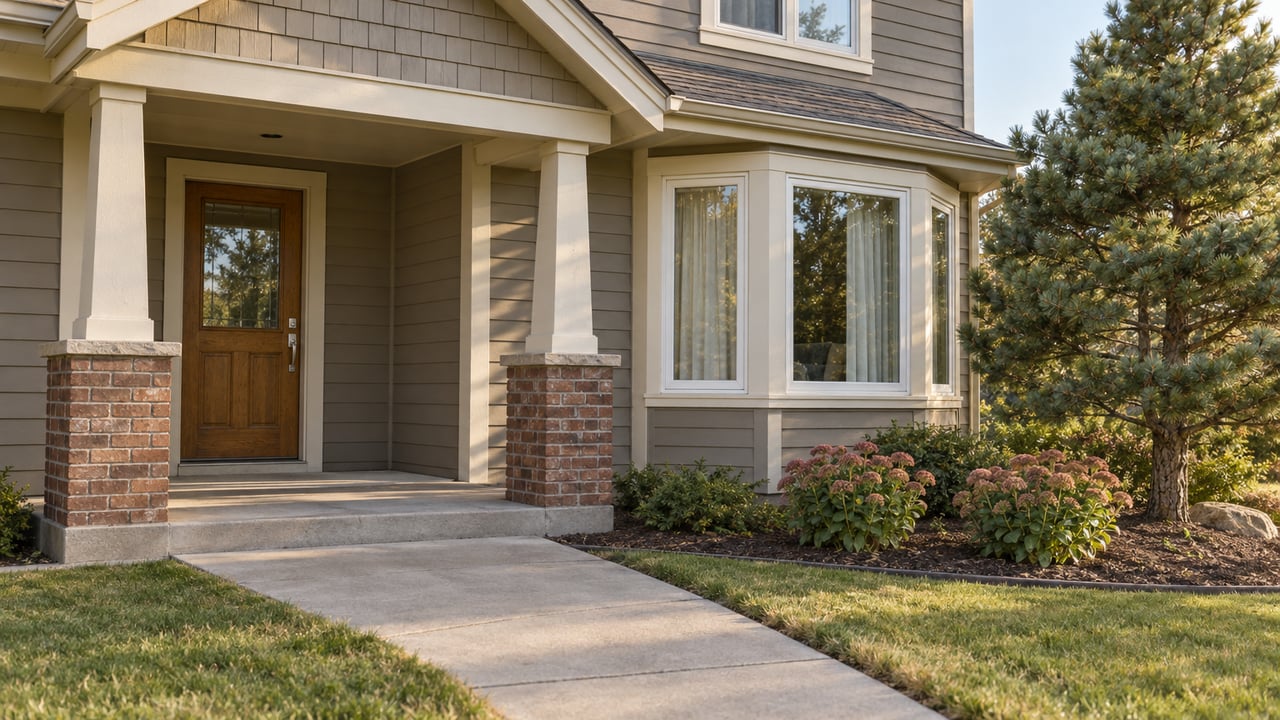 Covered entry of a taupe clapboard home with brick-based porch posts, a bay window, and a sculptural pine beside the lawn.