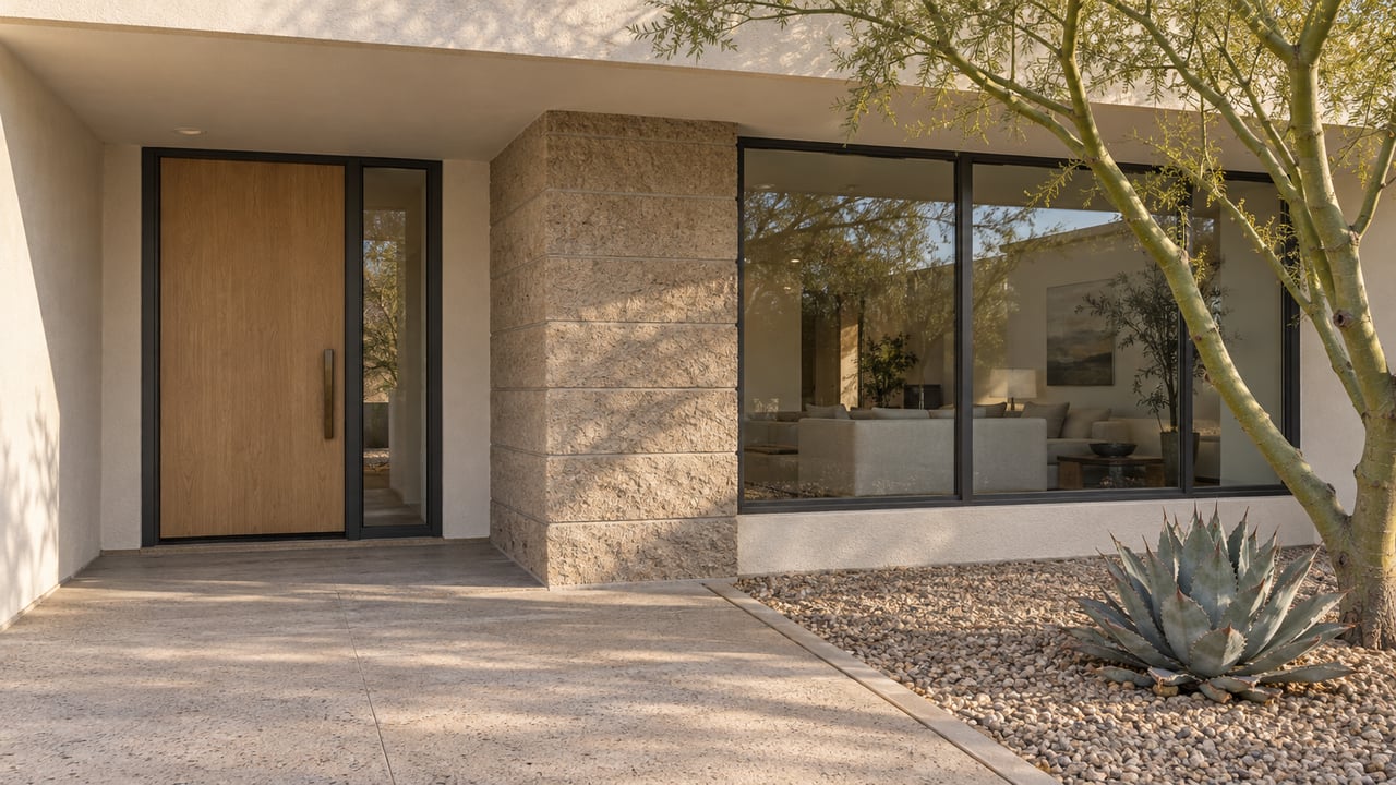 A sand-toned single-story home with a shaded oak front door, charcoal-framed window, textured masonry and a concrete approach beside blue-gray agave.