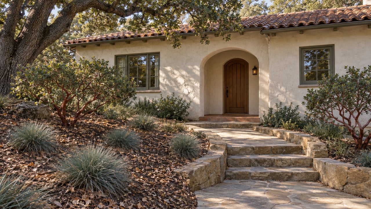 A clay-tile-roofed stucco home with an arched wood doorway, stone garden steps, and mature oak and manzanita planting in gentle morning light.