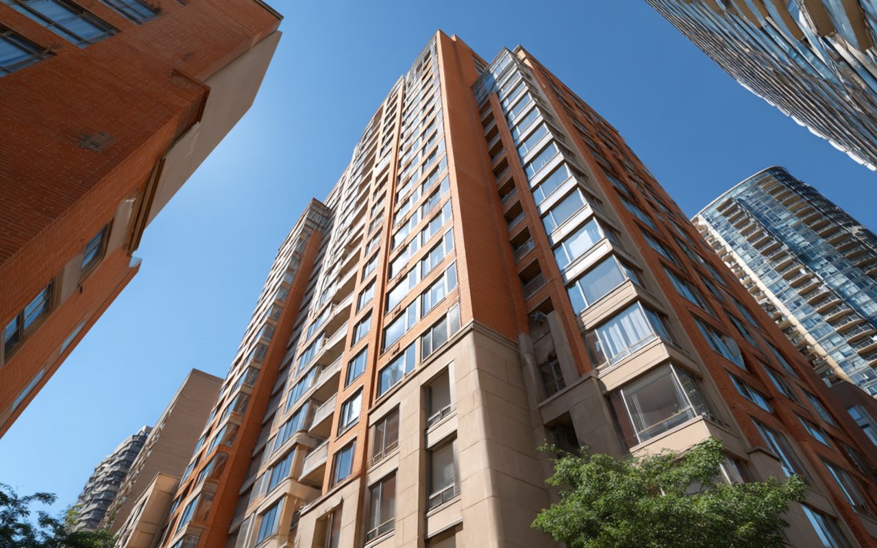 High-rise residential towers viewed from below, with a red-brick facade and blue sky.
