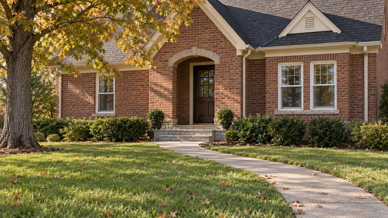 Traditional red-brown brick house with a recessed wood door, curving concrete walk, and deep autumn lawn.