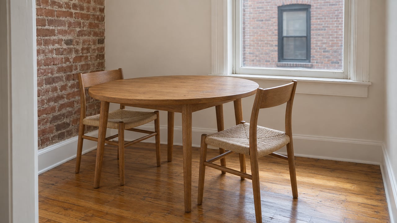 Daylit residential dining alcove with an oak table, two woven-seat chairs, warm hardwood floors, white window trim and an exposed brick wall.
