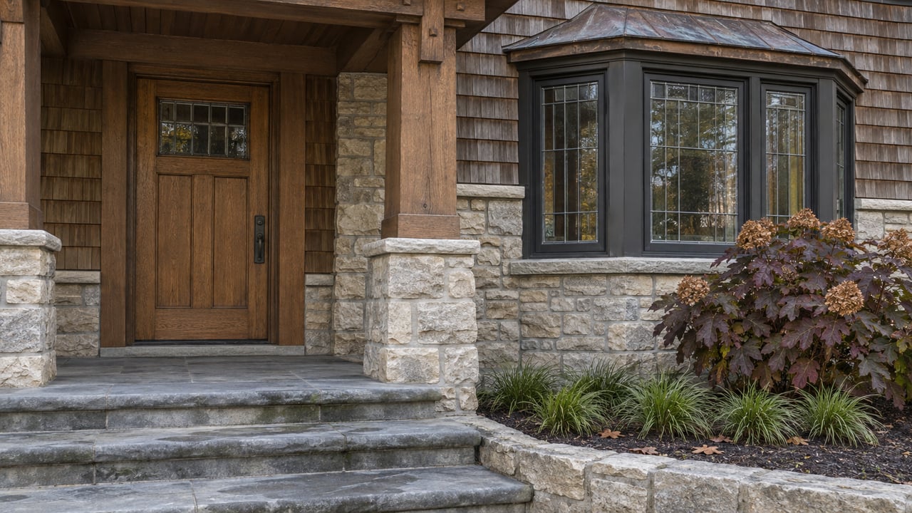 An oak entrance and leaded bay window framed by weathered limestone, cedar shingles and autumn oakleaf hydrangea.