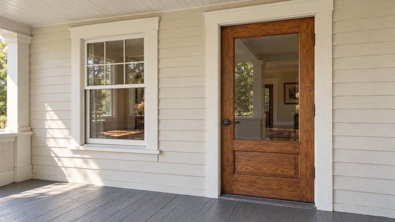 Covered porch with a wood-framed glass door and divided-light window.