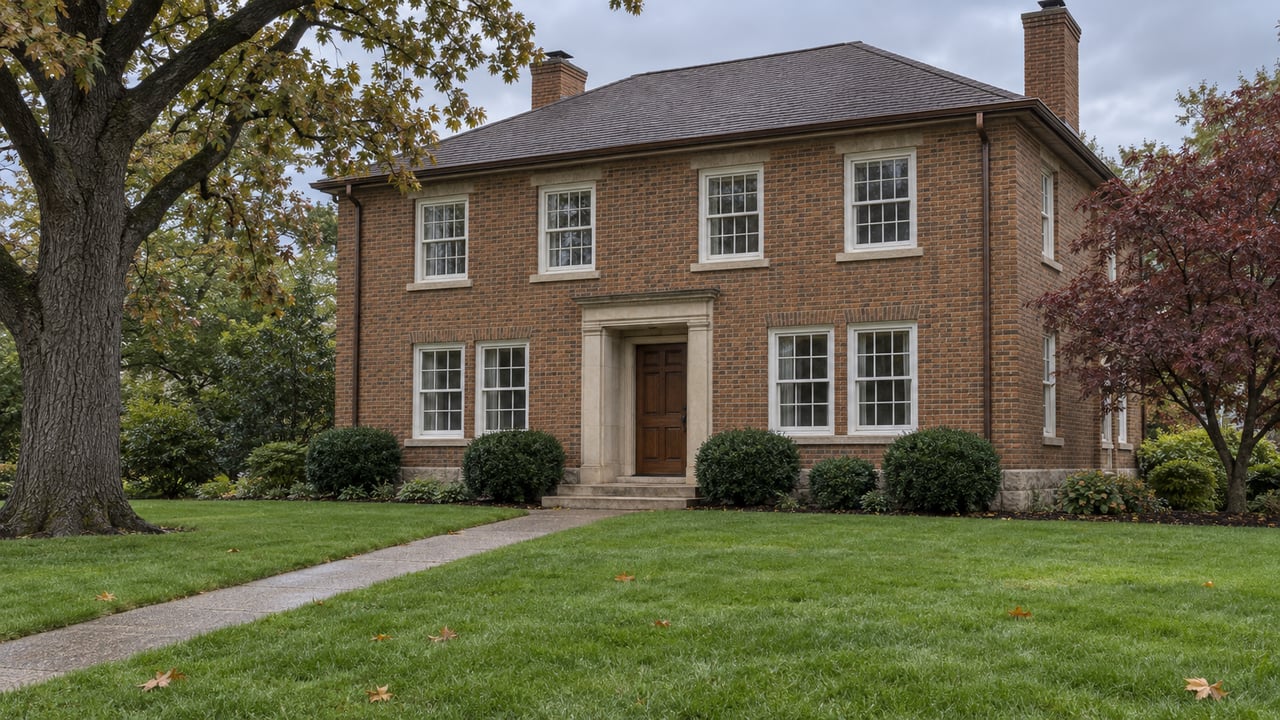 Traditional two-story brick home behind a deep lawn, framed by a mature oak and a burgundy-leaved flowering dogwood in soft autumn daylight.