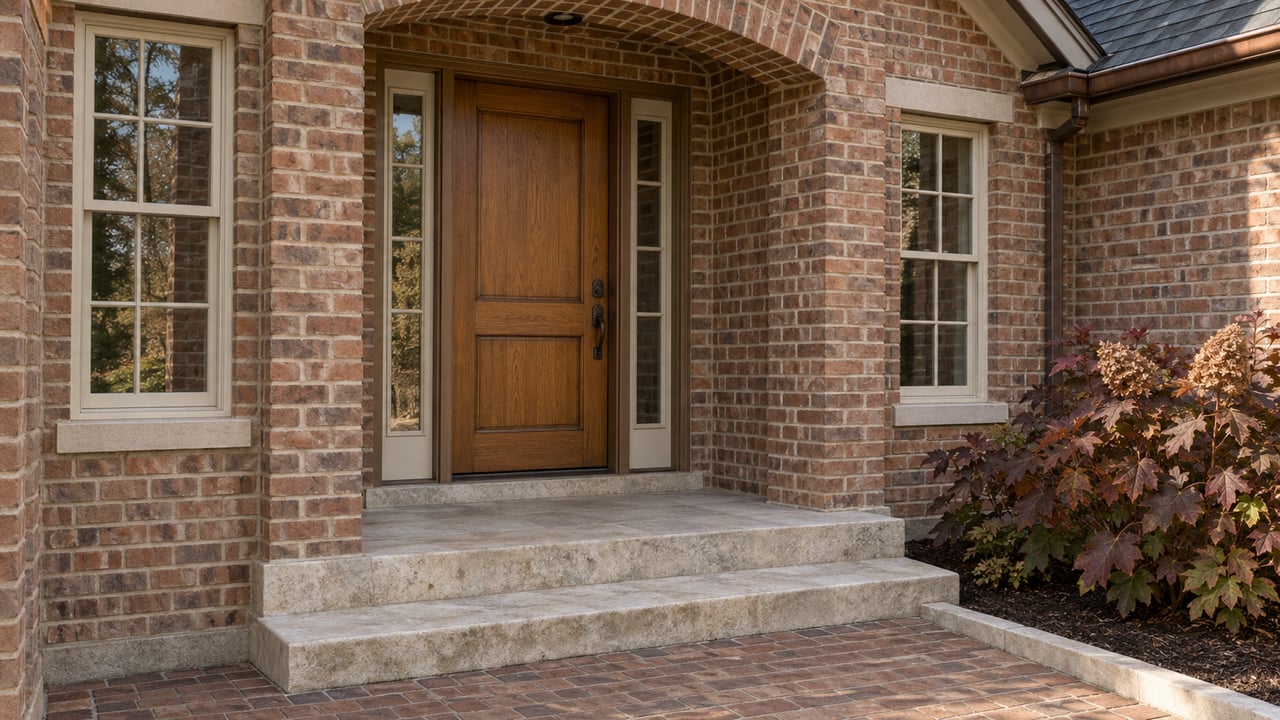 Russet-brick home entry with an oak door, matching sidelights, limestone steps and bronze autumn oakleaf hydrangea foliage.