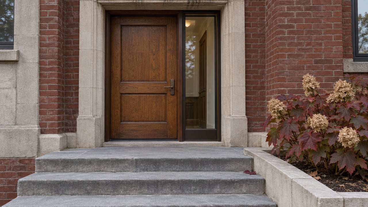 Oak townhouse entrance framed by pale limestone and red brick, with bluestone steps and burgundy oakleaf hydrangea.