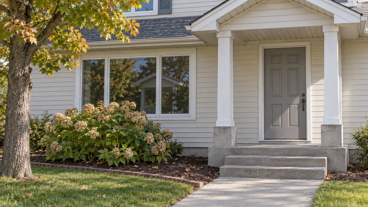 Cream-sided house with a gray entry door, white porch posts, concrete steps, and established hydrangea beside a brick-edged planting bed.