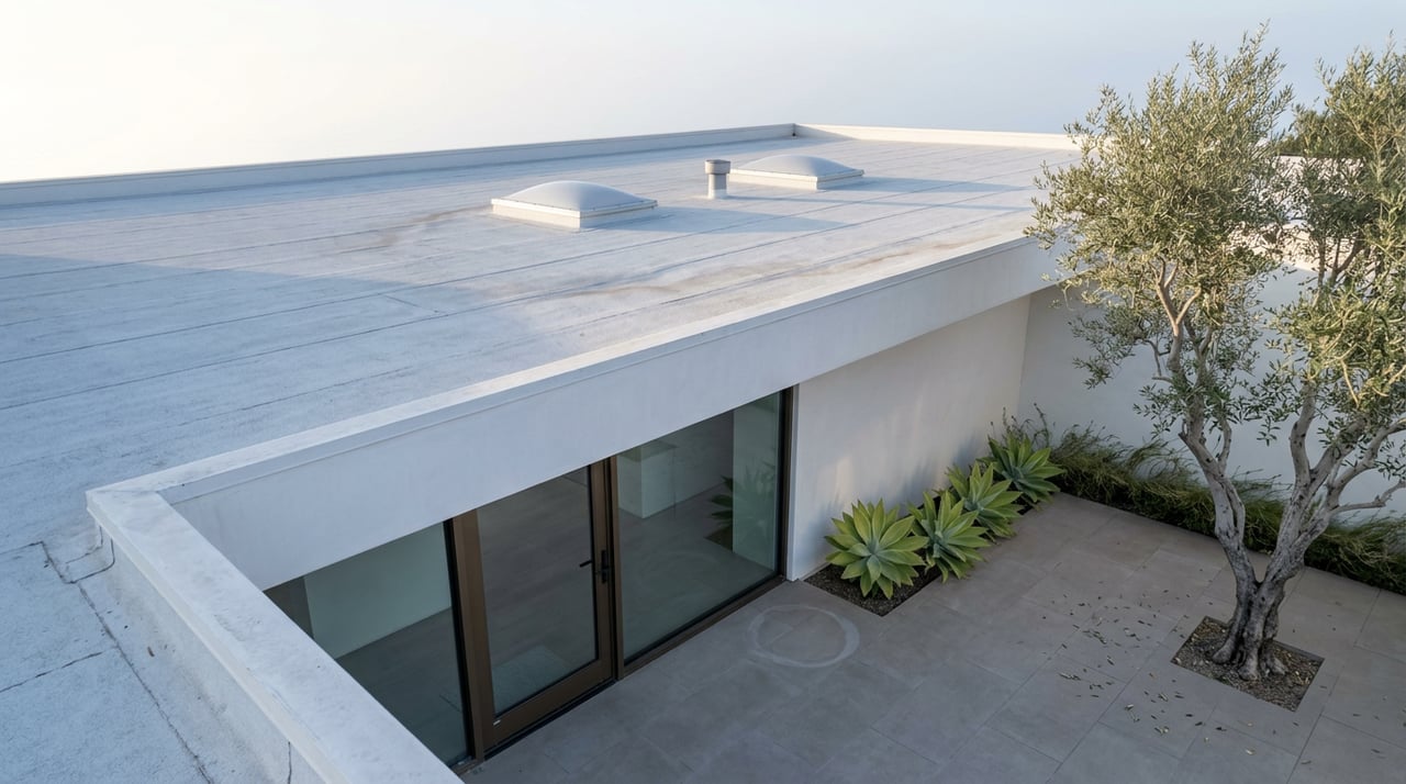 Coastal home’s pale flat roof and courtyard, with an olive tree, agaves, and dark-framed glass entry.