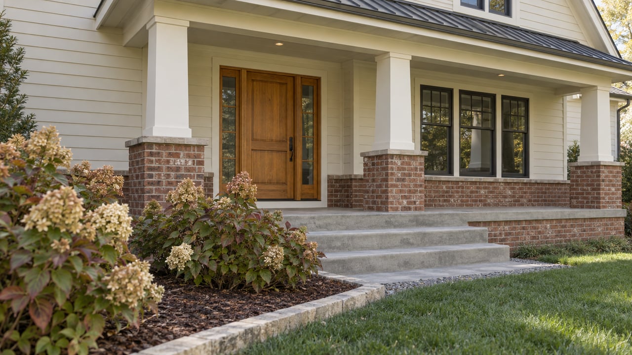 Covered entry of a cream-sided home with brick porch piers, an oak door, limestone-edged planting beds and oakleaf hydrangeas.