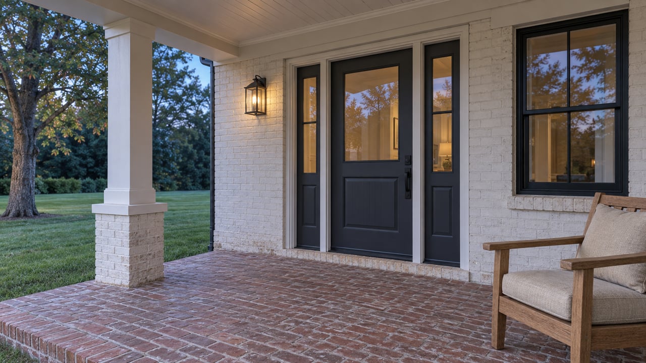 An evening view along a broad brick porch toward a charcoal door with paired sidelights, white painted brick, and a wooden chair.