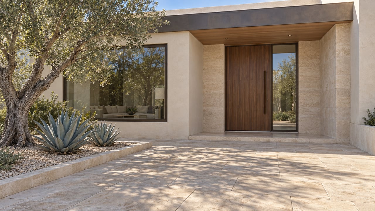 Desert-modern home entry with walnut door, bronze-framed glass, limestone paving, and an olive tree beside two agaves.
