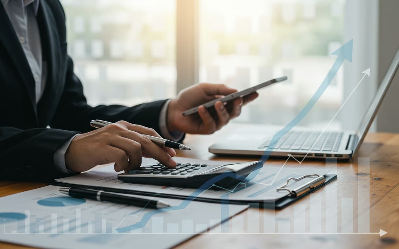 Person calculates finances beside a laptop, with rising chart graphics overlaid.