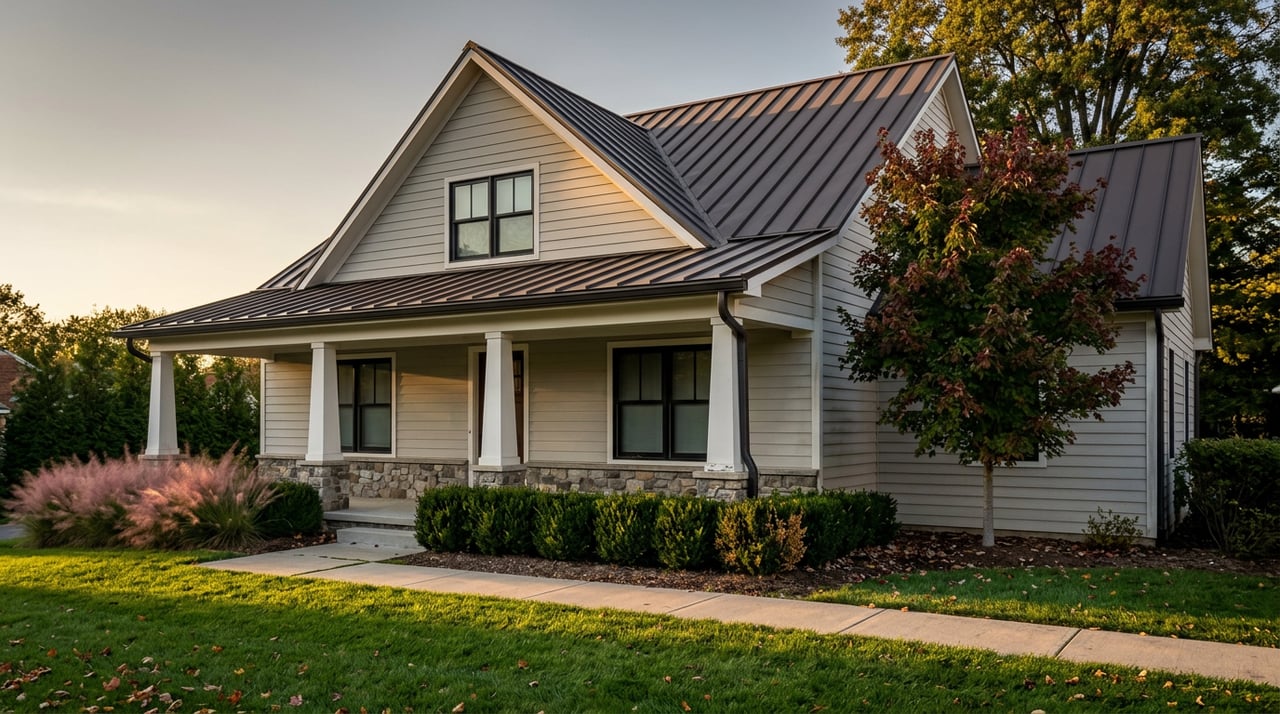 Two-story gabled house with light siding, dark metal roof, red maple, and pink muhly grass in bloom.