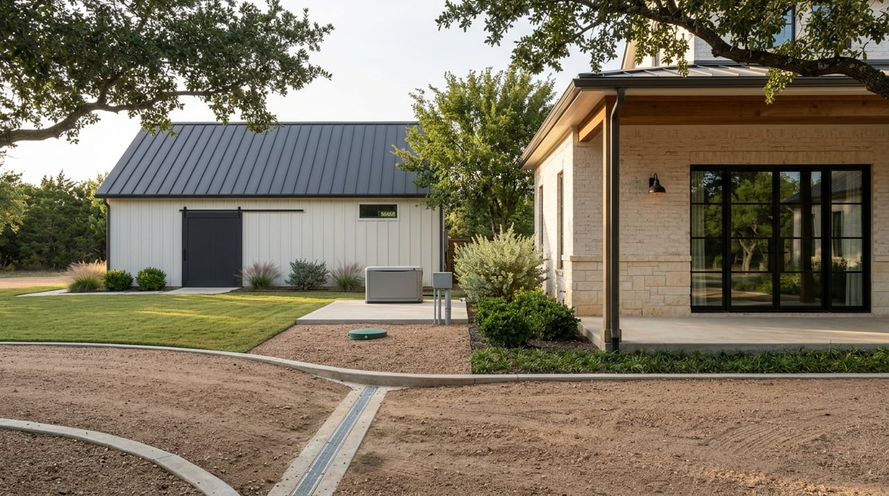 Estate utility barn beside a limestone terrace and zoysia lawn.