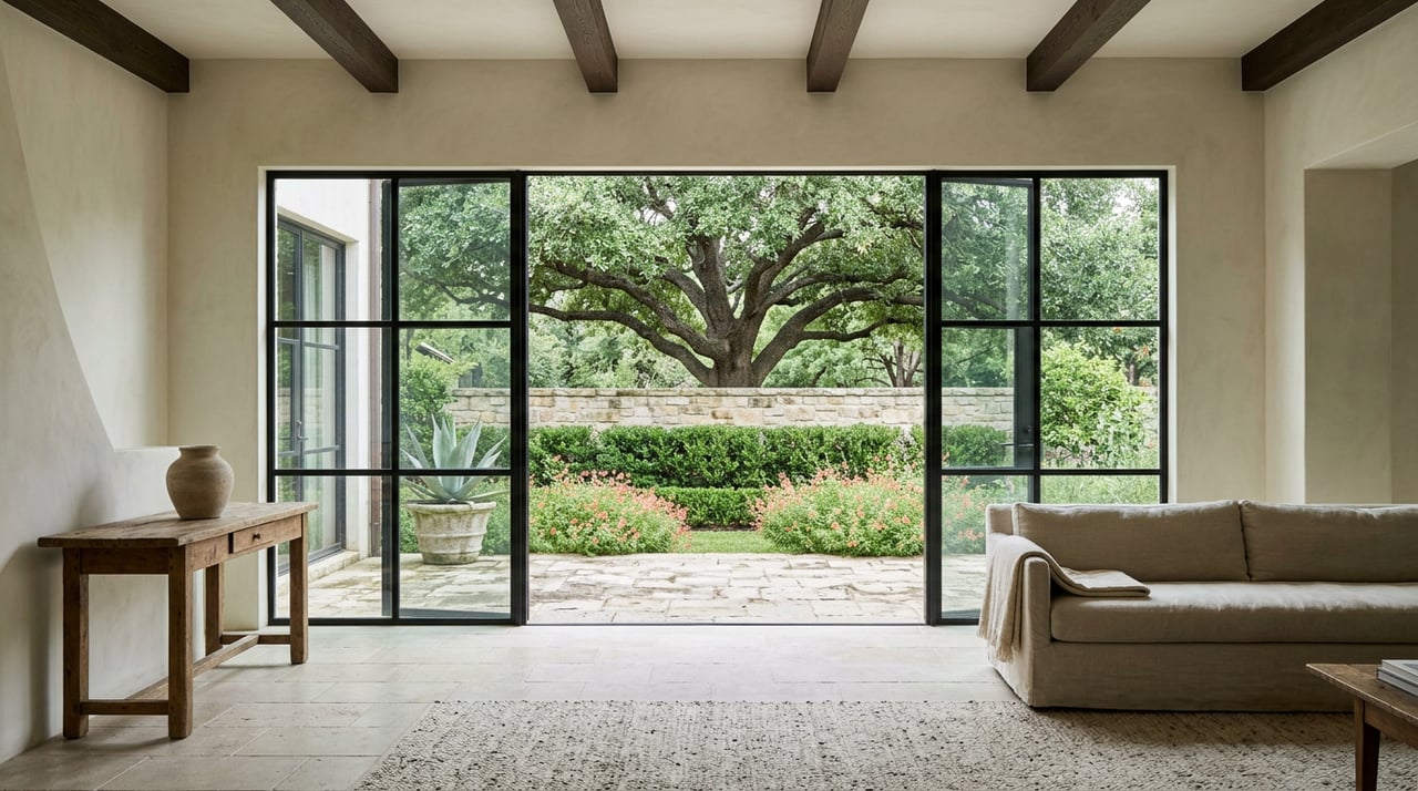 Great room with steel-framed glass opening onto a stone patio and garden beneath a broad live oak.