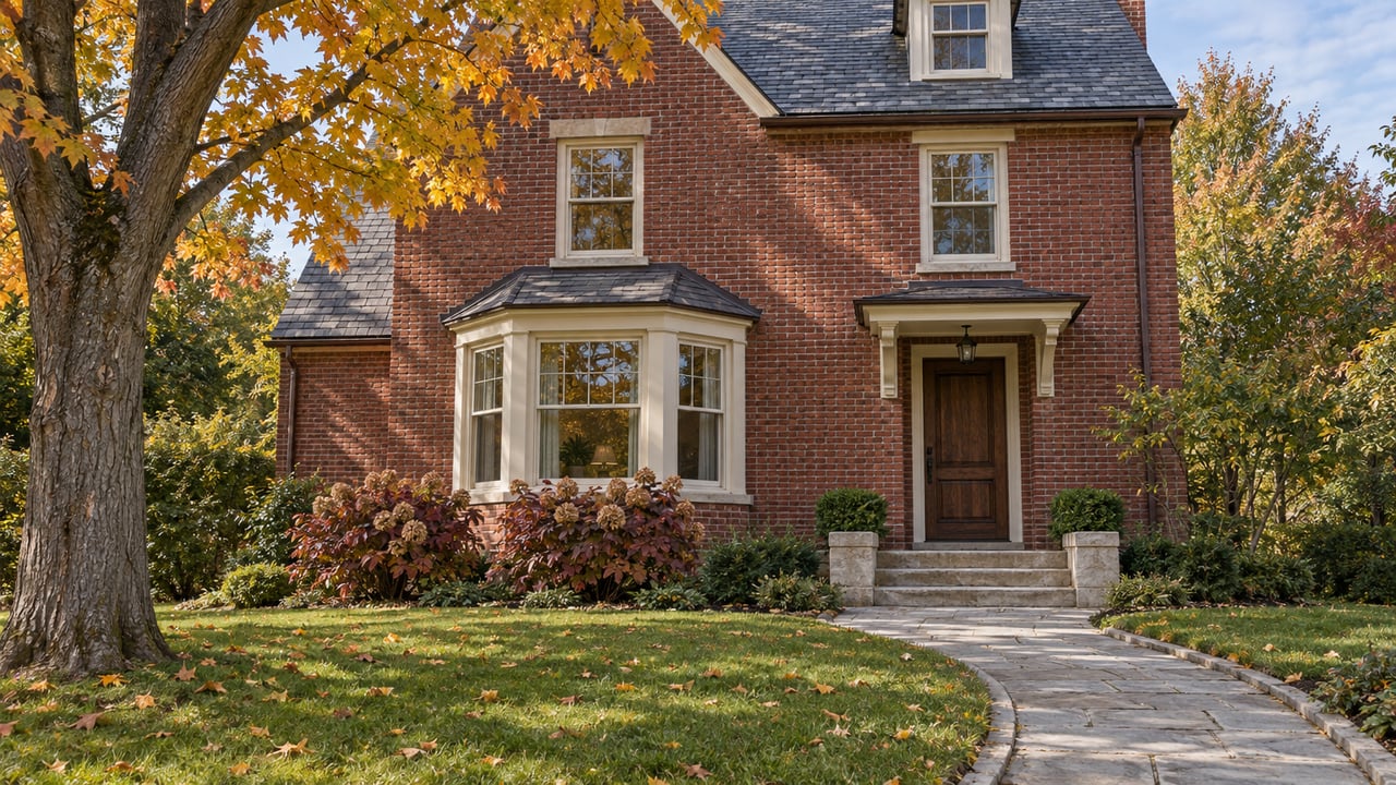 Red brick character home with slate roof, limestone approach, autumn sugar maple and oakleaf hydrangeas in a generous front garden.