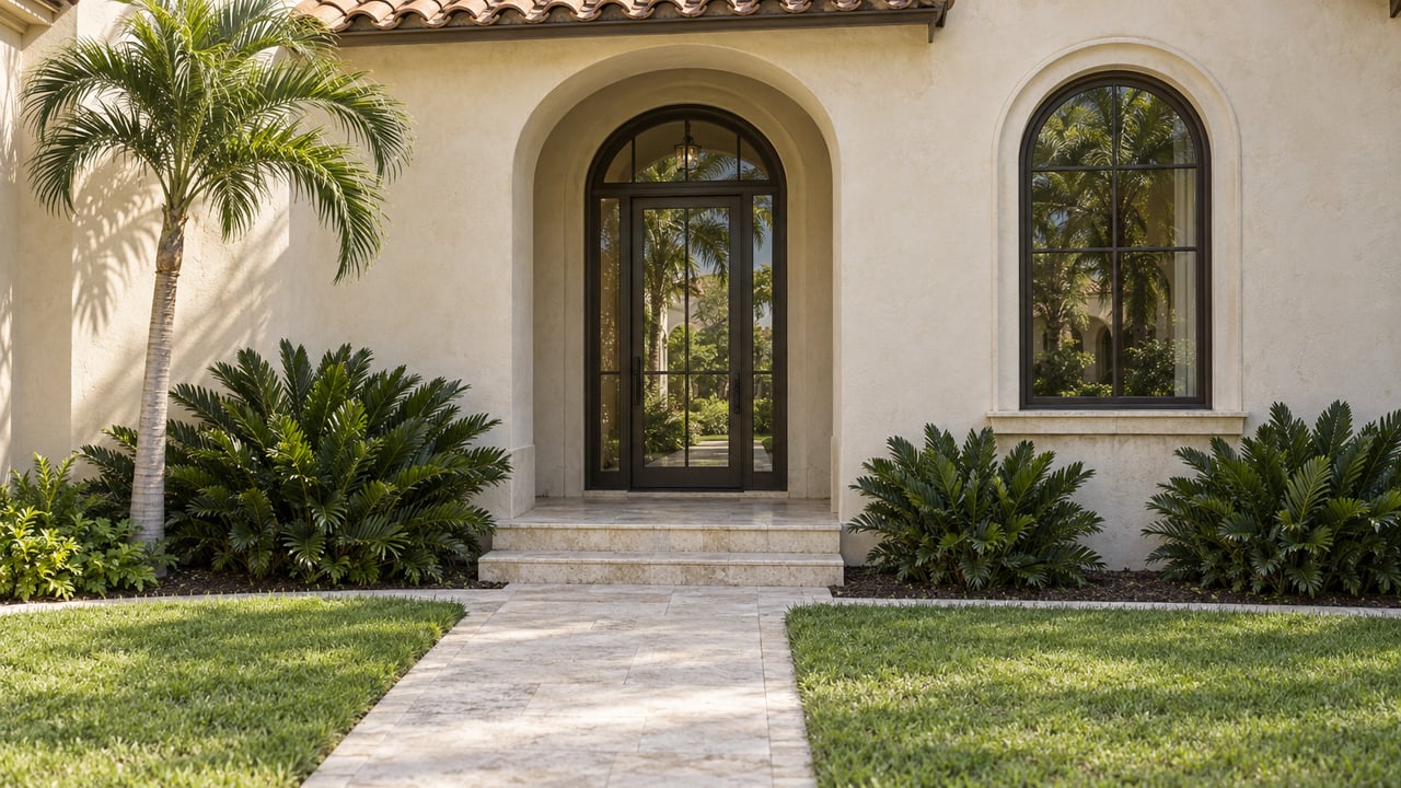 Ivory stucco house entry with an arched glass door, matching window, terracotta eave, and limestone walk through lawn.
