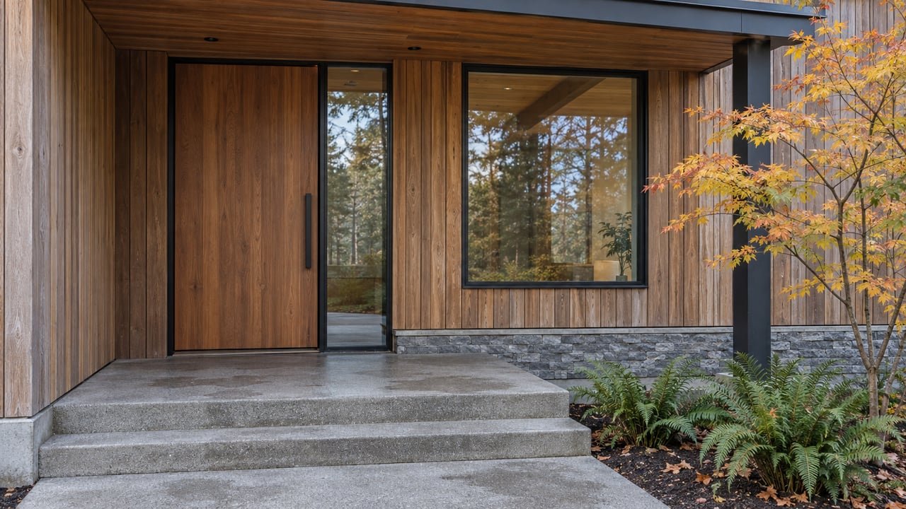 Covered cedar entry with a wood door, dark-framed glazing, broad concrete steps, and autumn vine maple beside sword ferns.