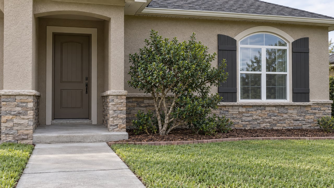 Taupe stucco home entrance with stone wainscot, an arched window, concrete walkway and a sculptural yaupon holly.