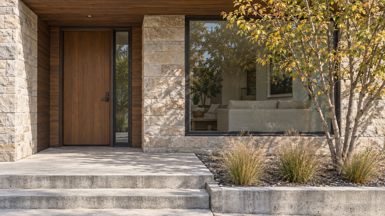 A wood-and-sandstone home entry with dark-framed glazing, concrete steps and a yellow-leaved serviceberry.