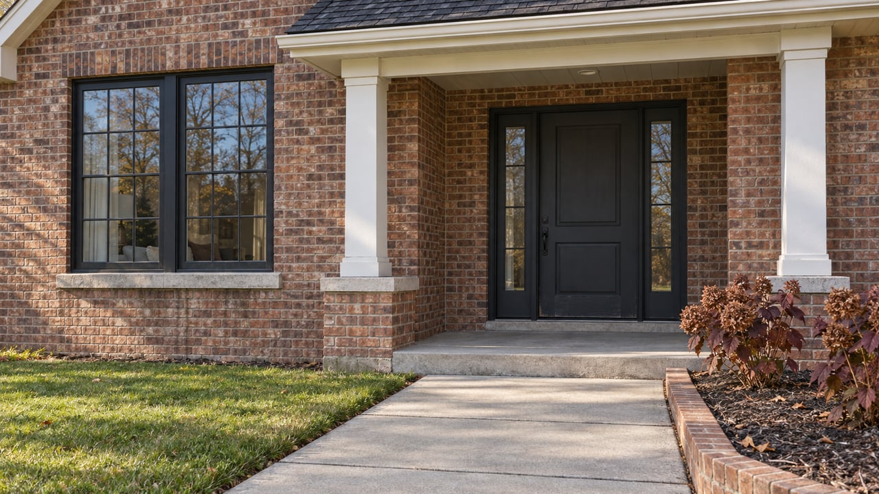 Brick home entrance with charcoal door, paired black-framed windows, a concrete approach and autumn oakleaf hydrangeas.