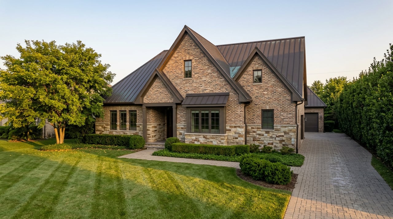 Stone-and-brick estate home with steep gables, a curved paver driveway, and a broad-canopied tree.