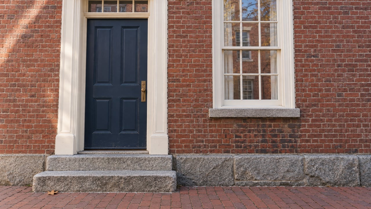Navy entry door and white sash window in weathered red brick, with granite steps meeting a brick sidewalk.