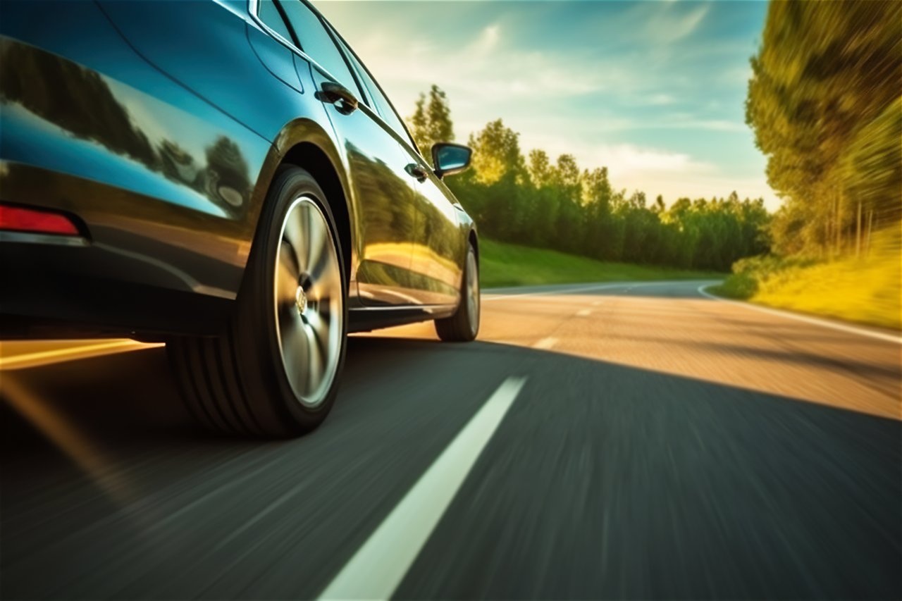 Low-angle motion blur shot of a luxury sports sedan accelerating down a sunlit, curved asphalt road bordered by green trees.