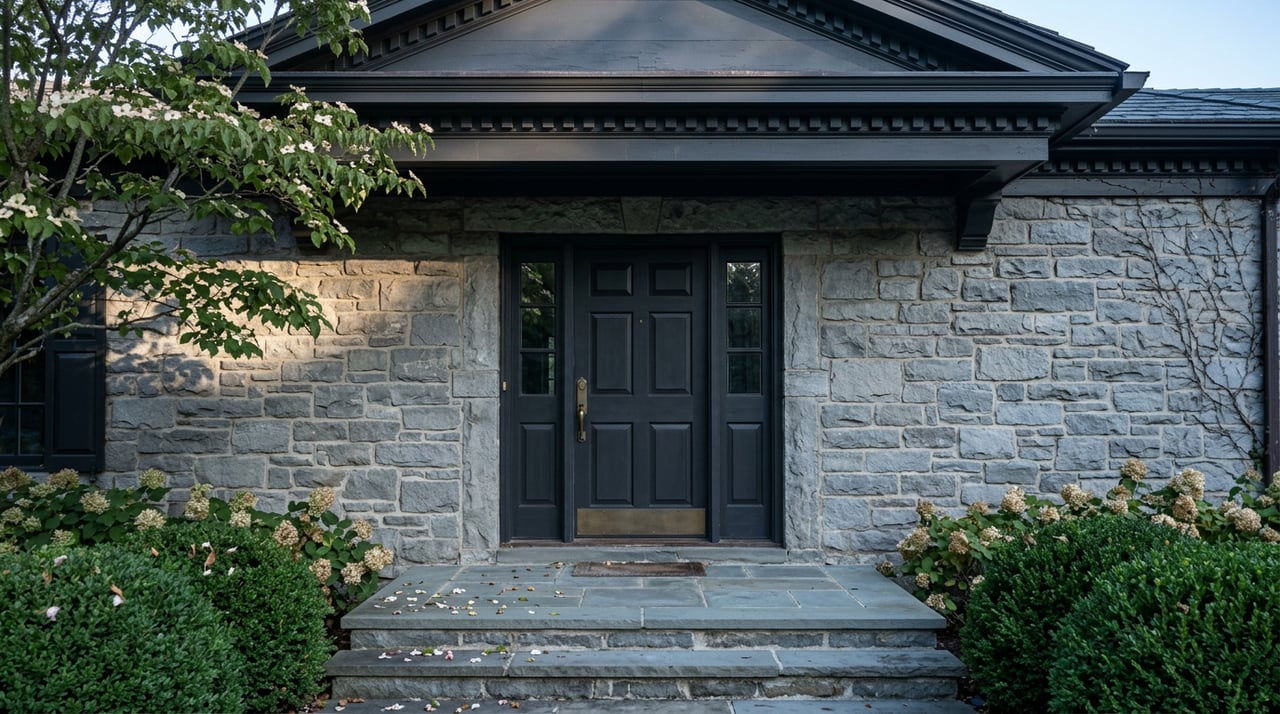 Charcoal entry door with brass hardware set in a gray fieldstone facade, above flagstone steps flanked by boxwood.